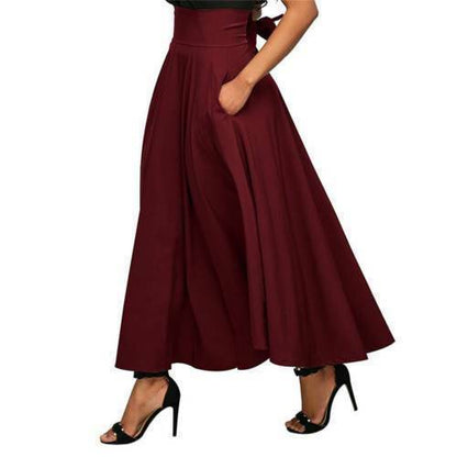 Women Skirt High Waist Flared Pleated Long Skirts Elegant Fashion Gypsy Pockets Long Skirt S-2XL