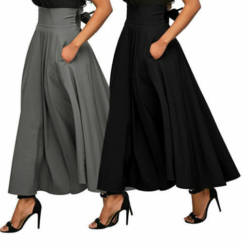 Women Skirt High Waist Flared Pleated Long Skirts Elegant Fashion Gypsy Pockets Long Skirt S-2XL