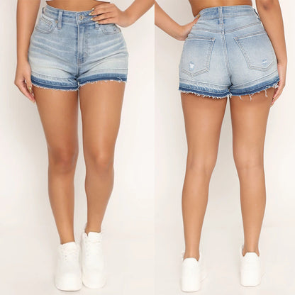 Women Short Pants Casual High Waisted Denim Shorts Frayed Raw Hem  Ladies Jeans S-2XL