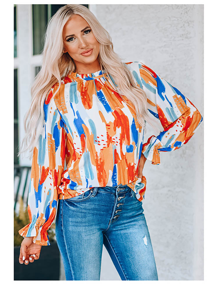 Women Tops  Painted Long Sleeve Lantern Sleeve  Satin Top Chiffon Blouse S-2XL