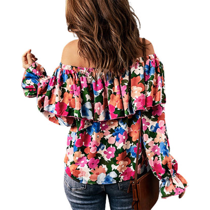 Women Tops Summer Sexy Off Shoulder Ruffled Floral Long Sleeved Top Womens Chiffon Blouses S-2XL