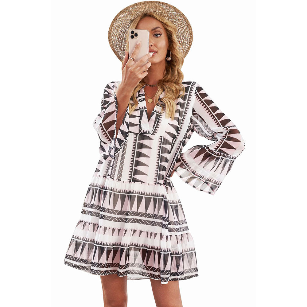 MilkCloths Women‘s Dress Casual Summer Print V Neck Long Sleeve Vestidos Cortos Chiffon S-XL