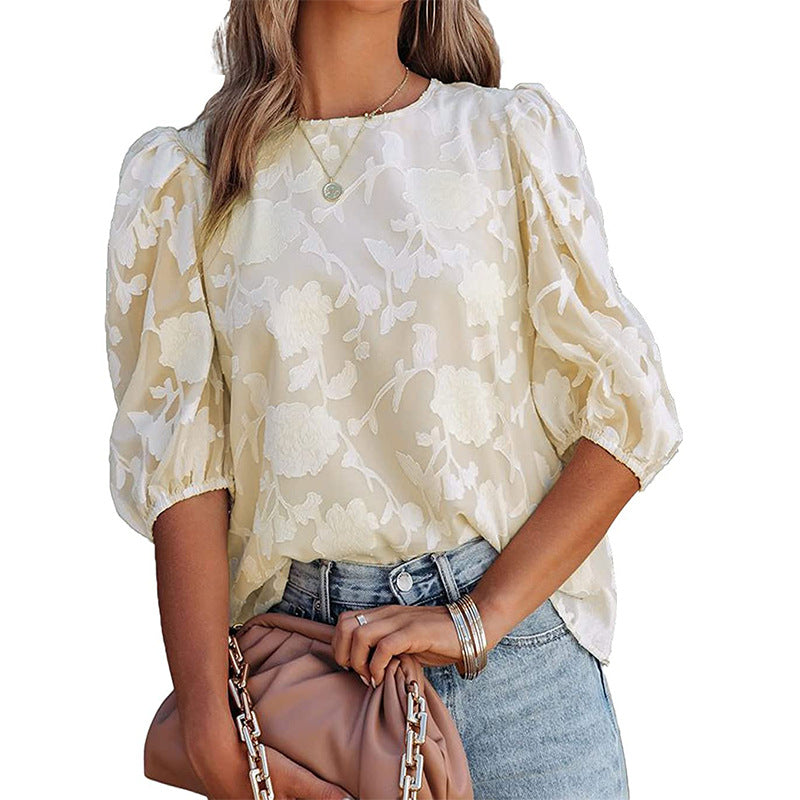 MilkCloths 2023 Women Blouses Chiffon Floral Round Neck Puff Sleeve Summer S-XL