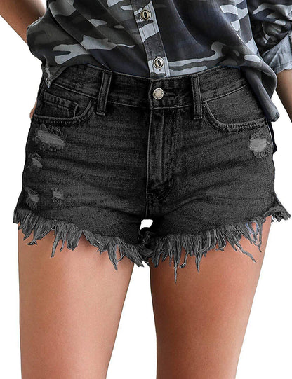 Women Jeans Short Pants Ripped Denim Summer Mid Rise Elastic Frayed Raw Edge S-2XL