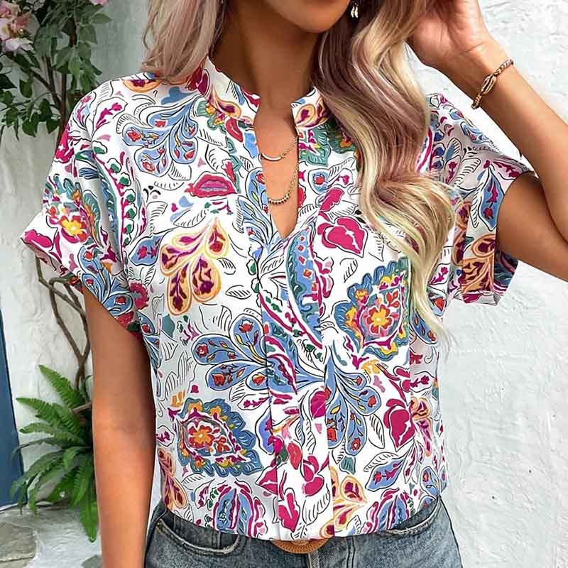 Women Tops Causal Summer New Fashion Painted Color Printed V Neck Short Sleeve S-XL