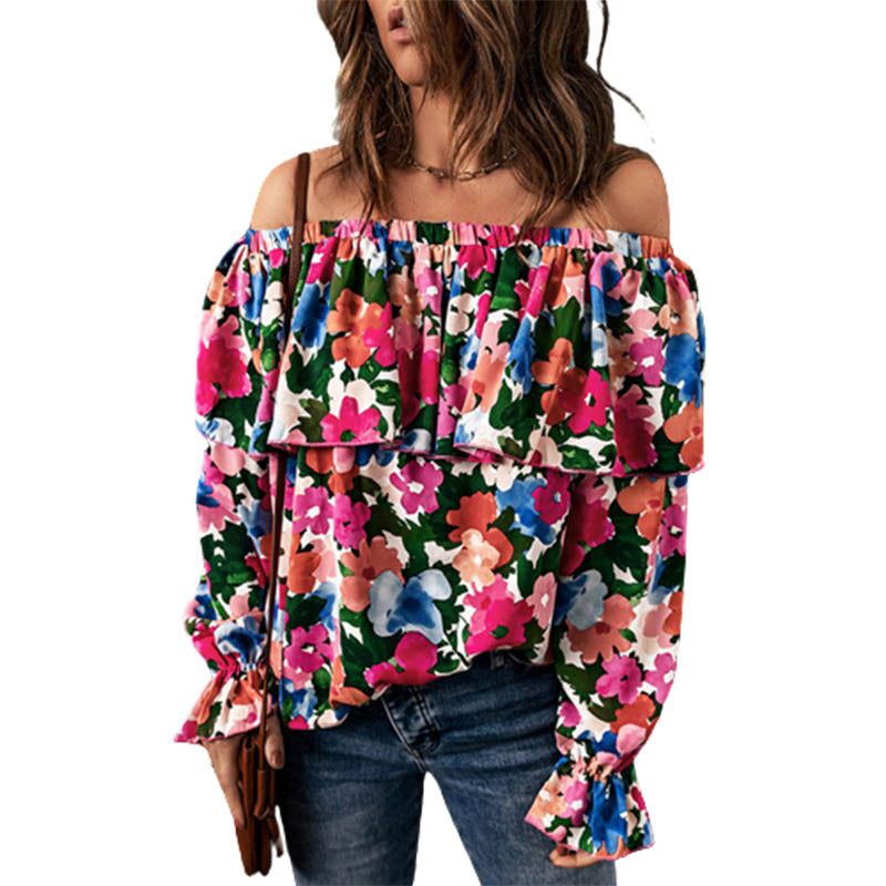 Women Tops Summer Sexy Off Shoulder Ruffled Floral Long Sleeved Top Womens Chiffon Blouses S-2XL