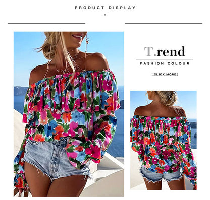 Women Tops Summer Sexy Off Shoulder Ruffled Floral Long Sleeved Top Womens Chiffon Blouses S-2XL