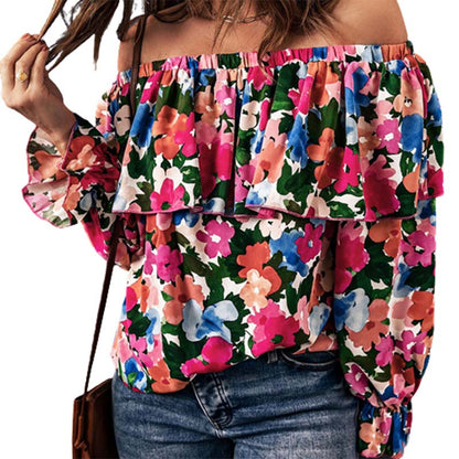 Women Tops Summer Sexy Off Shoulder Ruffled Floral Long Sleeved Top Womens Chiffon Blouses S-2XL