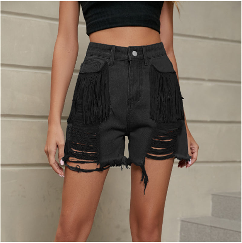 Women Jeans Short Pants Street Wear Big pocket  Hit Color Stitching Straps Elastic Sexy S-2XL