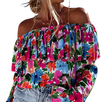 Women Tops Summer Sexy Off Shoulder Ruffled Floral Long Sleeved Top Womens Chiffon Blouses S-2XL