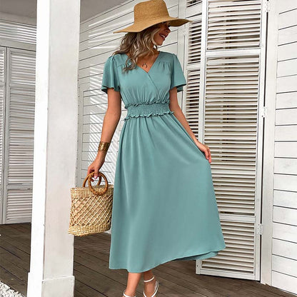 MilkCloths Women Dress Solid Color Casual Tunic Short Sleeve Vestidos Women'S Vintage Elegant Dresses S-XL