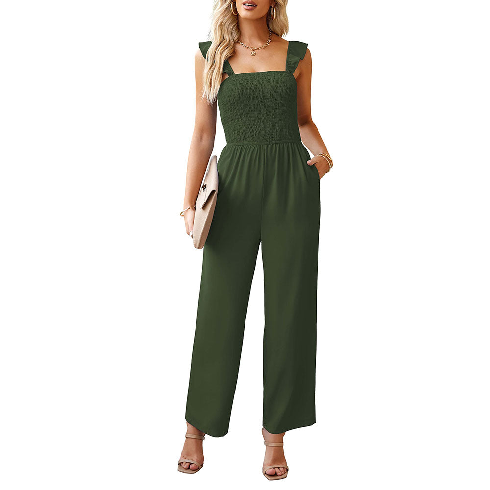 MilkCloths Jumpsuit for Women Summer Boho  Spaghetti Straps Ruffle Sleeve Long Wide Leg Rompers Pockets Loose S-2XL