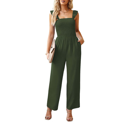 MilkCloths Jumpsuit for Women Summer Boho  Spaghetti Straps Ruffle Sleeve Long Wide Leg Rompers Pockets Loose S-2XL