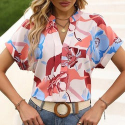 Women Tops Causal Summer New Fashion Painted Color Printed V Neck Short Sleeve S-XL