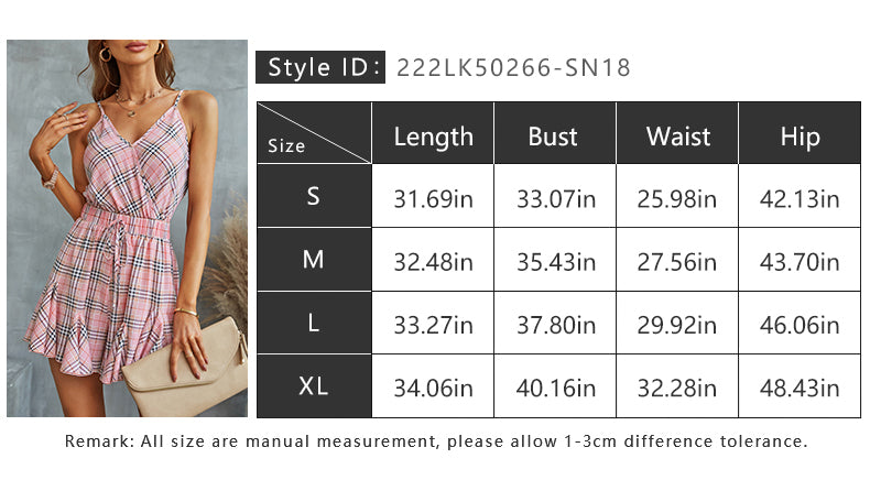 Women Jumpsuits Summer Casual Backless One Piece Drawstring Plaid Sleeveless V-neck Elegant S-XL