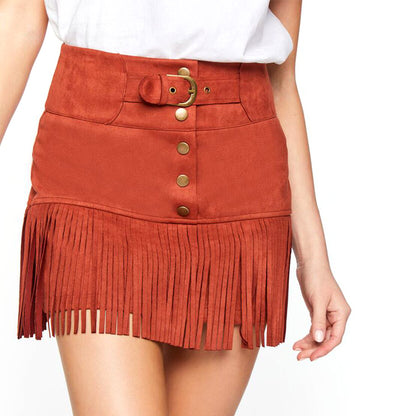 Women's Skirt Boho Fringe Hem Mini  Belted Faux Suede Fringe High Waist S-2XL