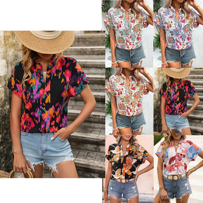 Women Tops Causal Summer New Fashion Painted Color Printed V Neck Short Sleeve S-XL