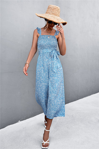 Women Rompers Jumpsuit Floral Printed Sleeveless with Belt S-XL