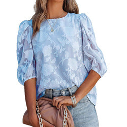 MilkCloths 2023 Women Blouses Chiffon Floral Round Neck Puff Sleeve Summer S-XL