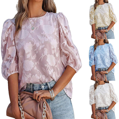 MilkCloths 2023 Women Blouses Chiffon Floral Round Neck Puff Sleeve Summer S-XL