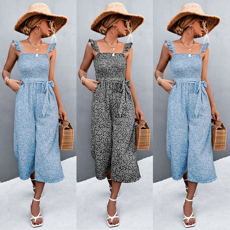 Women Rompers Jumpsuit Floral Printed Sleeveless with Belt S-XL