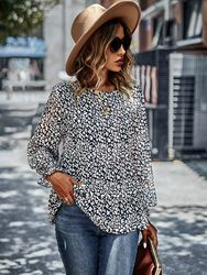 Women long sleeve V-Neck Loose Tops Chiffon Shirts Blouse Plus Size S-2XL