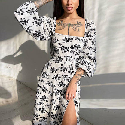 MilkCloths Summer Casual Dresses Printed Lantern Sleeve Floral Slit S-2XL