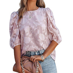 MilkCloths 2023 Women Blouses Chiffon Floral Round Neck Puff Sleeve Summer S-XL