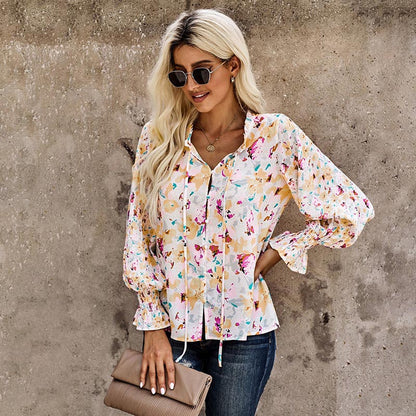 Women's Tops Blouses Casual Boho Floral Print V Neck Long Sleeve Loose Chiffon S-2XL