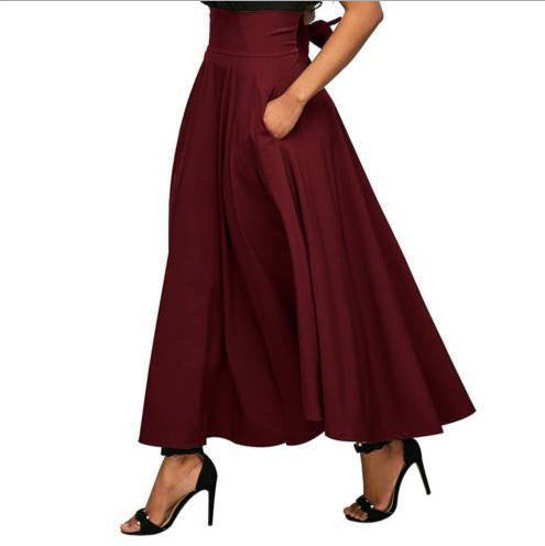 Women Skirt High Waist Flared Pleated Long Skirts Elegant Fashion Gypsy Pockets Long Skirt S-2XL