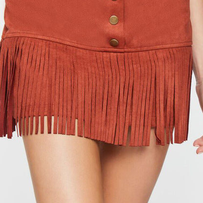 Women's Skirt Boho Fringe Hem Mini  Belted Faux Suede Fringe High Waist S-2XL