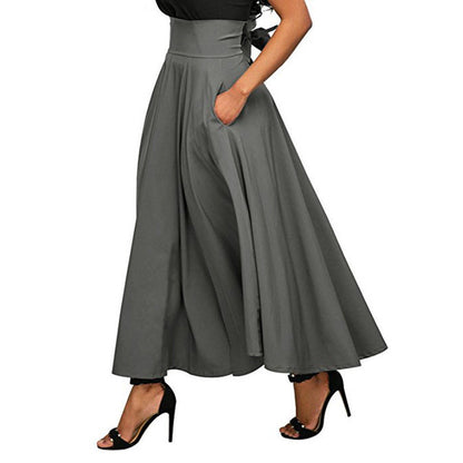 Women Skirt High Waist Flared Pleated Long Skirts Elegant Fashion Gypsy Pockets Long Skirt S-2XL