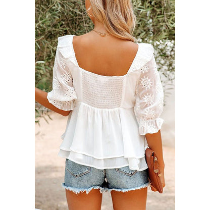 Women Shirts Lace Ruffled V Neck Ladies' Blouses for Summer S-2XL