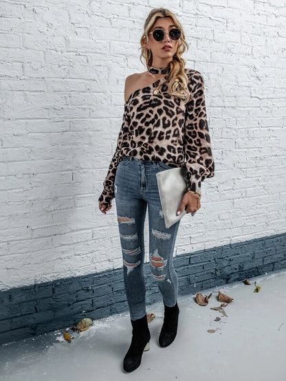 Women Tops Leopard Asymmetrical Neck Shirts Blouses Long Sleeve S-XL