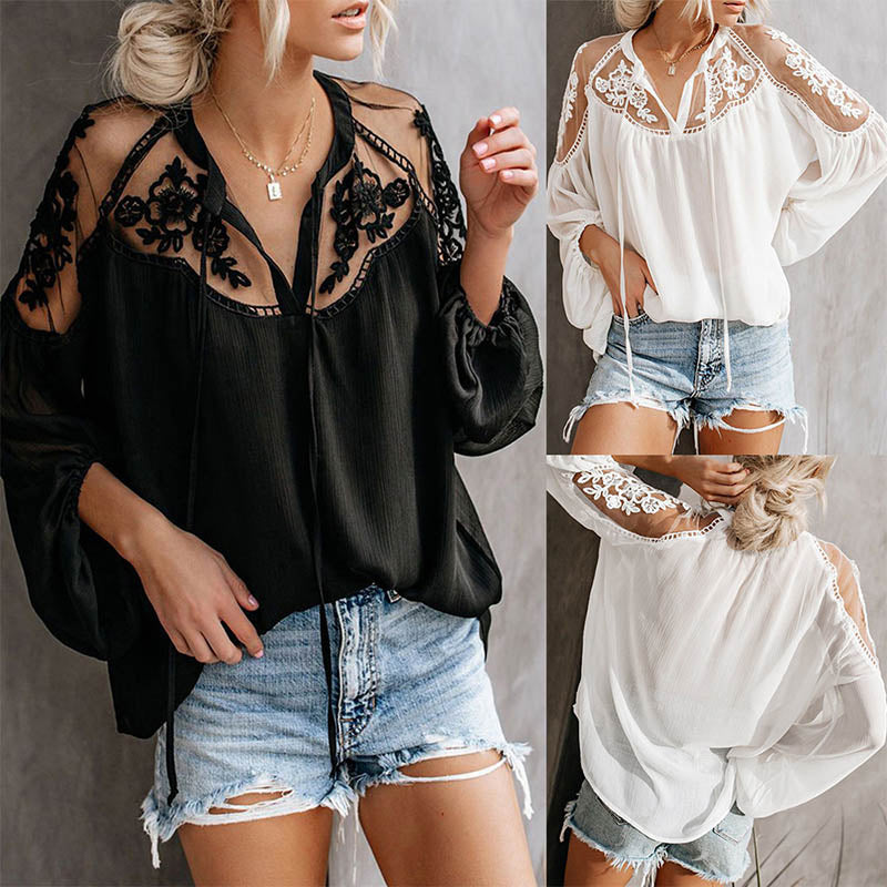 Women Tops Casual Summer Sexy Lace V Neck Bubble Sleeve Elegant Blouse S-2XL