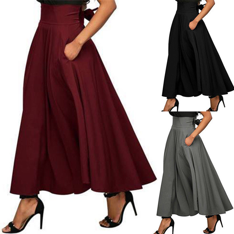 Women Skirt High Waist Flared Pleated Long Skirts Elegant Fashion Gypsy Pockets Long Skirt S-2XL