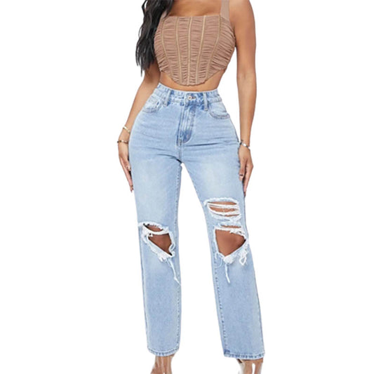 Milkcloths Women Jeans Casual High Waist Ripped Loose Straight Pants S-2XL