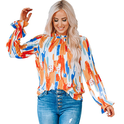 Women Tops  Painted Long Sleeve Lantern Sleeve  Satin Top Chiffon Blouse S-2XL