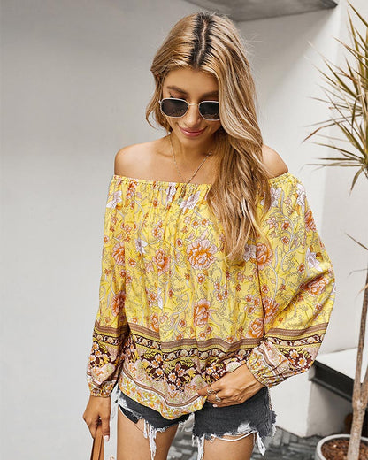 Women Tops Simple Loose Long Sleeve Retro Printed Floral Blouse For Women S-2XL