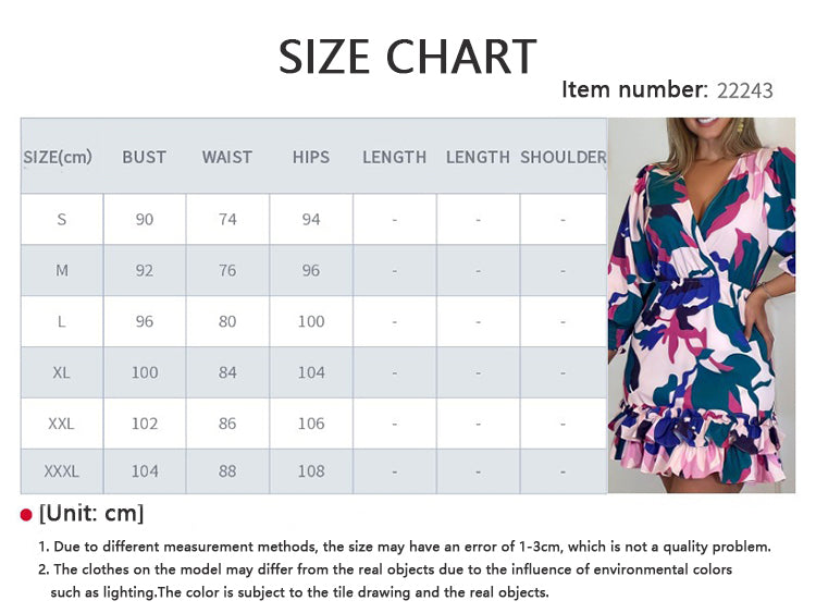 Women Short Dress V Neck Puff Sleeves Ruffled Print Wrap Casual Vestidos S-XL