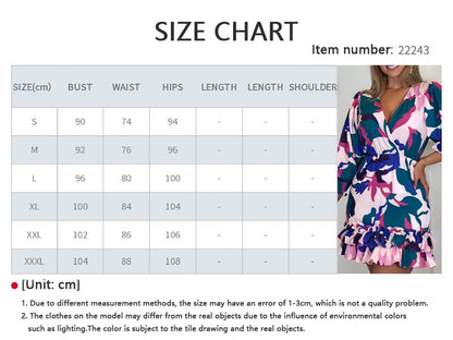 Women Short Dress V Neck Puff Sleeves Ruffled Print Wrap Casual Vestidos S-XL