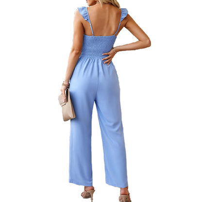 MilkCloths Jumpsuit for Women Summer Boho  Spaghetti Straps Ruffle Sleeve Long Wide Leg Rompers Pockets Loose S-2XL