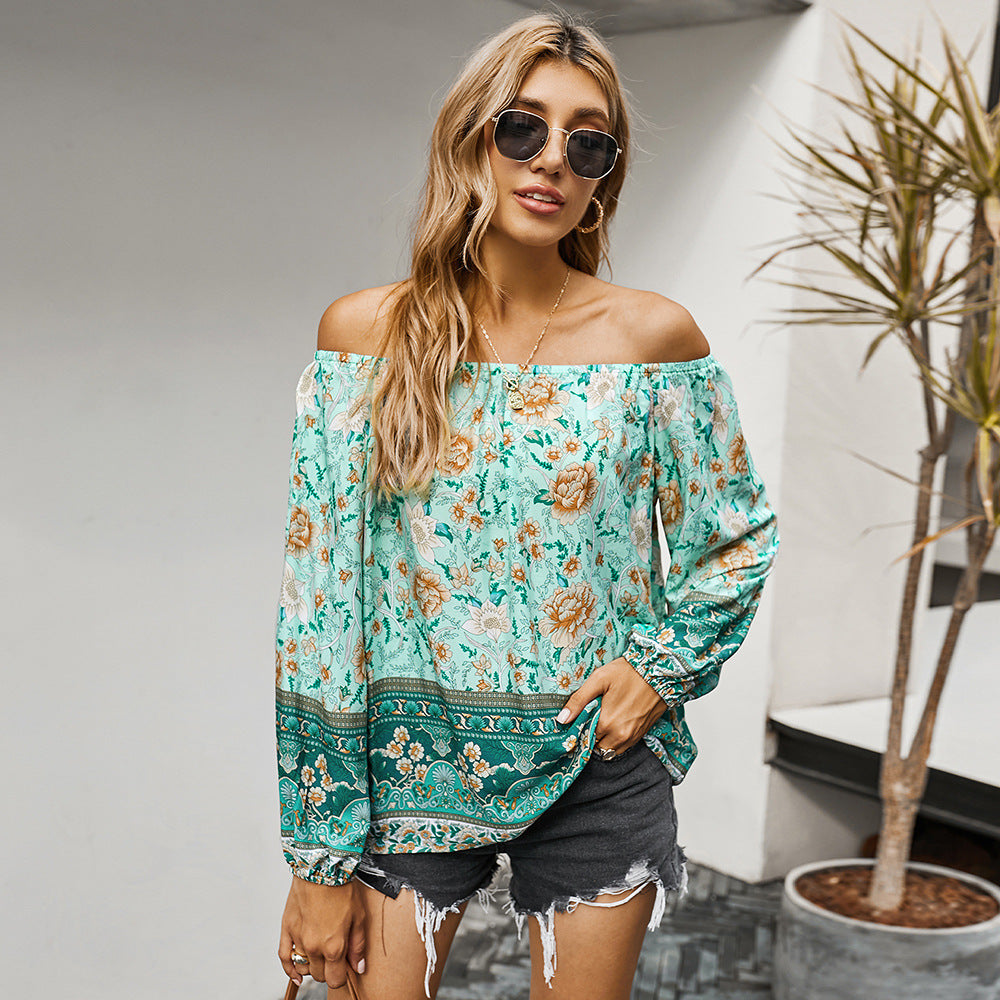 Women Tops Simple Loose Long Sleeve Retro Printed Floral Blouse For Women S-2XL