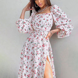 MilkCloths Summer Casual Dresses Printed Lantern Sleeve Floral Slit S-2XL