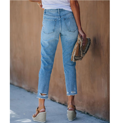 Women Jeans Washed High Waist Pencil Denim Pants Casual with Hole S-2XL