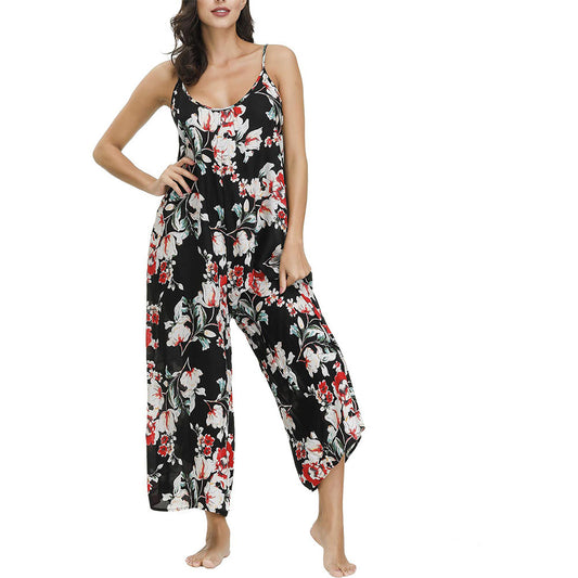 Women Jumpsuit V Neck Floral Loose Boho Printed Adjustable Spaghetti Strap for Summer S-2XL