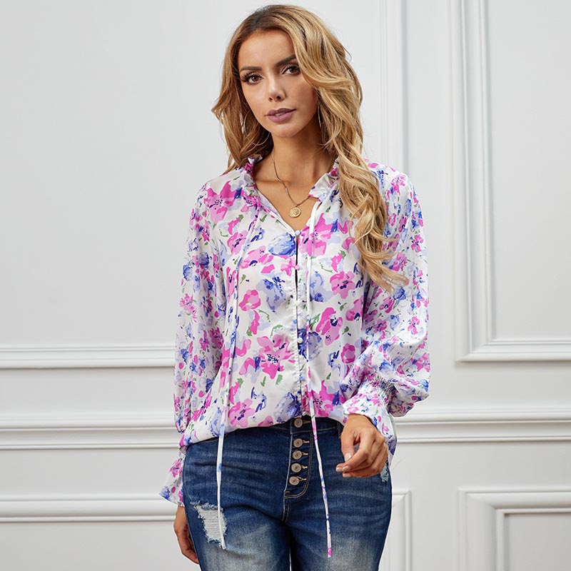 Women's Tops Blouses Casual Boho Floral Print V Neck Long Sleeve Loose Chiffon S-2XL