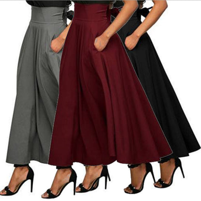 Women Skirt High Waist Flared Pleated Long Skirts Elegant Fashion Gypsy Pockets Long Skirt S-2XL