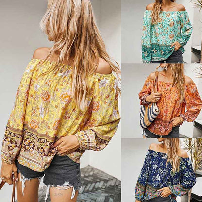 Women Tops Simple Loose Long Sleeve Retro Printed Floral Blouse For Women S-2XL