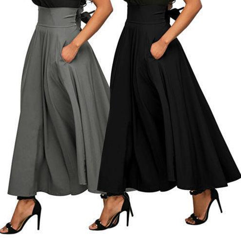 Women Skirt High Waist Flared Pleated Long Skirts Elegant Fashion Gypsy Pockets Long Skirt S-2XL